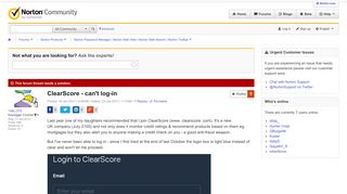 ClearScore - can't log-in | Norton Community