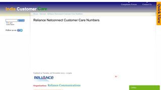 Reliance Netconnect Customer Care Numbers | India Customer Care