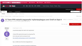 12 Team PPR redraft/Leaguesafe/ myfantasyleague.com/ Draft on Sept ...