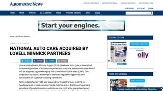 NATIONAL AUTO CARE ACQUIRED BY LOVELL MINNICK PARTNERS