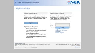 NAPA Customer Service Center: Register or Login