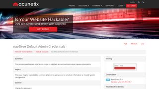 Nas4free Default Admin Credentials Network Vulnerability - Acunetix