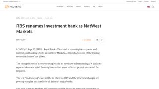 RBS renames investment bank as NatWest Markets | Reuters