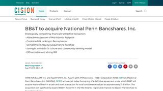 BB&T to acquire National Penn Bancshares, Inc. - PR Newswire