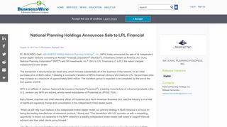 National Planning Holdings Announces Sale to LPL Financial ...