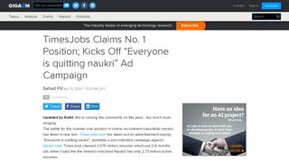 TimesJobs Claims No. 1 Position; Kicks Off “Everyone is quitting naukri”