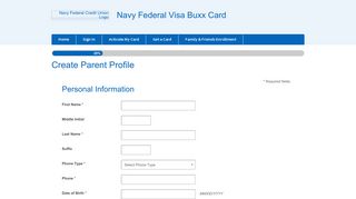 Navy Federal Visa Buxx Card - Create Parent Profile