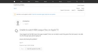 Unable to watch NBA League Pass on Apple … - Apple Community ...