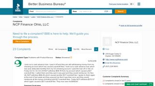 NCP Finance Ohio, LLC | Complaints | Better Business Bureau® Profile
