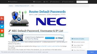 NEC Default Password, Login & IP List (updated September 2018 ...