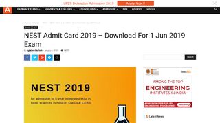 NEST Admit Card 2019 - Download For 1 Jun 2019 Exam | AglaSem ...