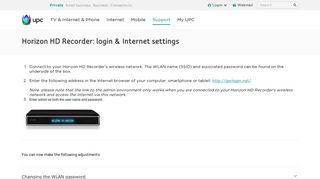 Horizon HD Recorder: login & Internet settings | UPC