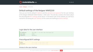 Default settings of the Netgear WNR2200 - routerdefaults.org