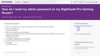How do I reset my admin password on my Nighthawk ... - Netgear KB