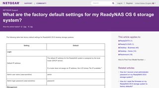 What are the factory default settings for my ReadyNAS ... - Netgear KB