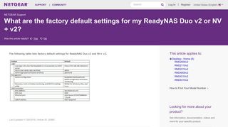What are the factory default settings for my ReadyNAS Duo v2 or NV + ...