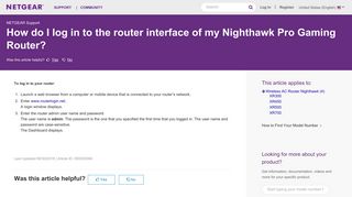 How do I log in to the router interface of my Nighthawk ... - Netgear KB