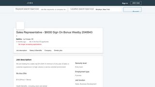 NetHire hiring Sales Representative - $6000 Sign On Bonus Westby ...