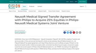 Neusoft Medical Signed Transfer Agreement with Philips to Acquire 25 ...