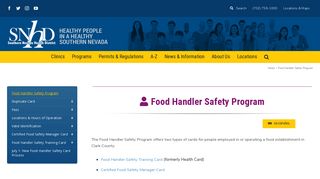 Food Handler Safety Training Card - Southern Nevada Health District
