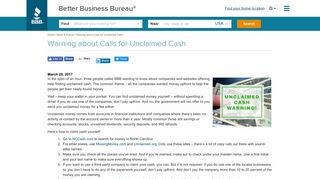 Warning about unclaimed cash solicitations - Better Business Bureau