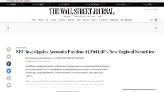 SEC Investigates Accounts Problem At MetLife's New England ...