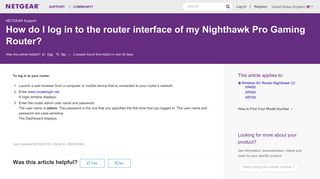How do I log in to the router interface of my Nighthawk Pro Gaming ...