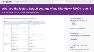 What are the factory default settings of my Nighthawk R7000 router ...