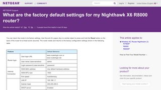 What are the factory default settings for my Nighthawk X6 R8000 router?