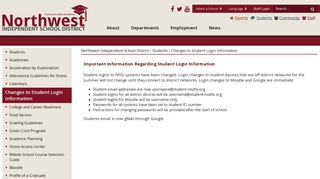 Changes to Student Login Information - Northwest Independent ...