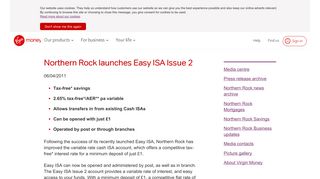 Northern Rock launches Easy ISA Issue 2 | Media Centre | Virgin ...