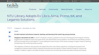 NTU Library Adopts Ex Libris Alma, Primo, bX, and Leganto Solutions ...