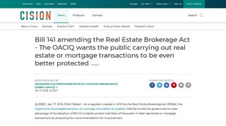 CNW | Bill 141 amending the Real Estate Brokerage Act - The OACIQ ...
