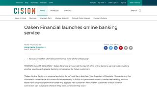 CNW | Oaken Financial launches online banking service