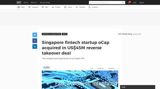 Singapore fintech startup oCap acquired in US$45M reverse takeover ...