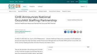 GHR Announces National OccuVAX Staffing Partnership - PR Newswire