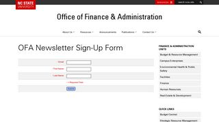 OFA Newsletter Sign-Up Form – Office of Finance & Administration