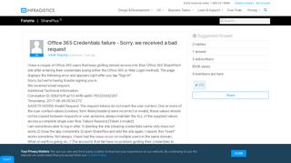 Office 365 Credentials failure - Sorry, we received a bad request ...
