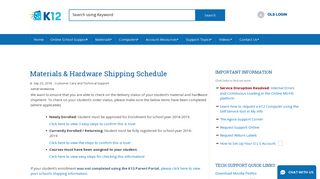 Materials & Hardware Shipping Schedule - K12 Customer Support