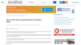 Bank of the Sierra acquiring Ojai Community Bank | Pacific Coast ...