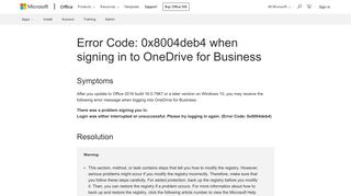 Error Code: 0x8004deb4 when signing in to OneDrive for Business ...