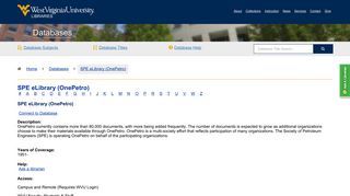 SPE eLibrary (OnePetro) - Databases | WVU Libraries - West Virginia ...