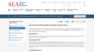 ALA, Divisions & Round Tables Committee Volunteer Form | About ALA