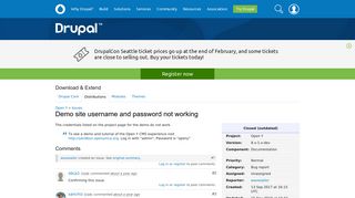Demo site username and password not working [#2908583] | Drupal.org