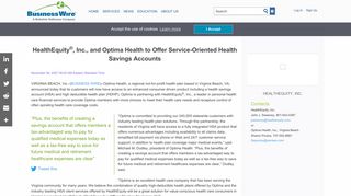 HealthEquity(R), Inc., and Optima Health to Offer Service-Oriented ...