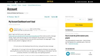 My Account Dashboard won't load - Yes Crowd - Optus