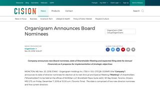 Organigram Announces Board Nominees - Canada NewsWire