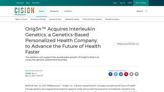 Orig3n™ Acquires Interleukin Genetics, a Genetics-Based ...