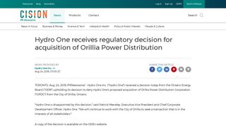 Hydro One receives regulatory decision for acquisition of Orillia Power ...