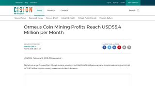 Ormeus Coin Mining Profits Reach USD$5.4 Million per Month